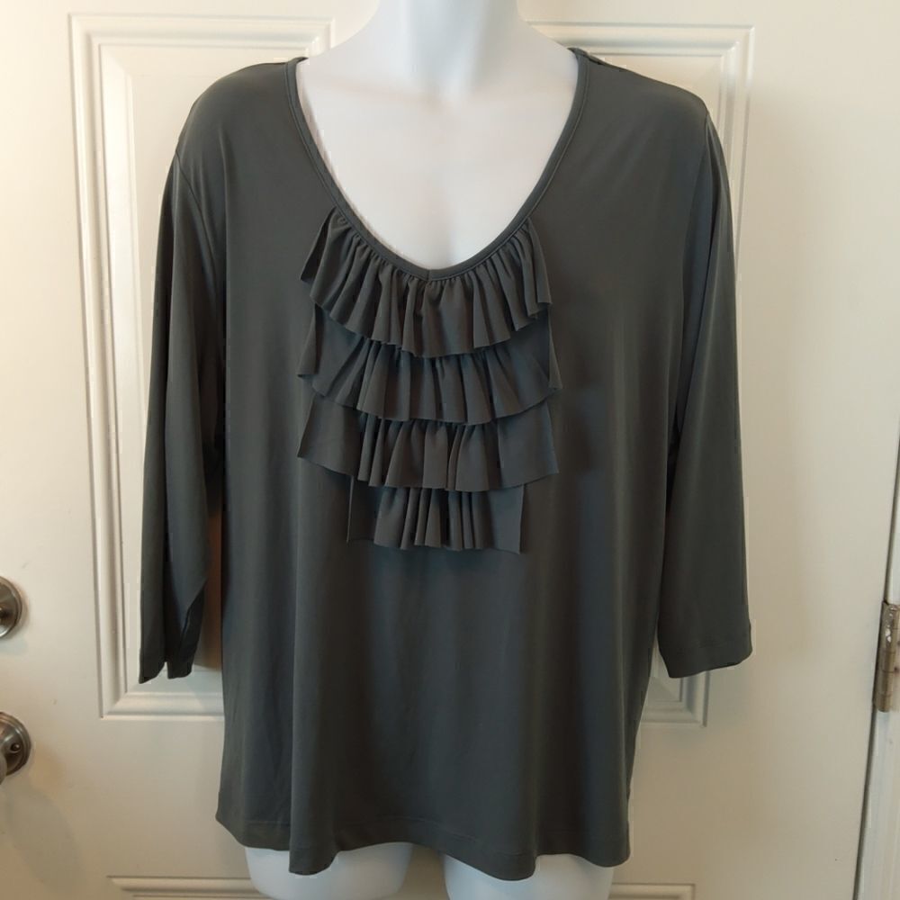 QVC Susan Graver charcoal gray ruffle front blouse